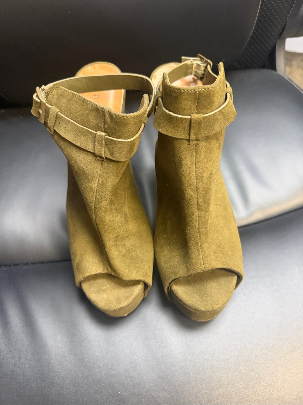 BAMBOO Olive Green Suede Peep-Toe Ankle Strap Heels